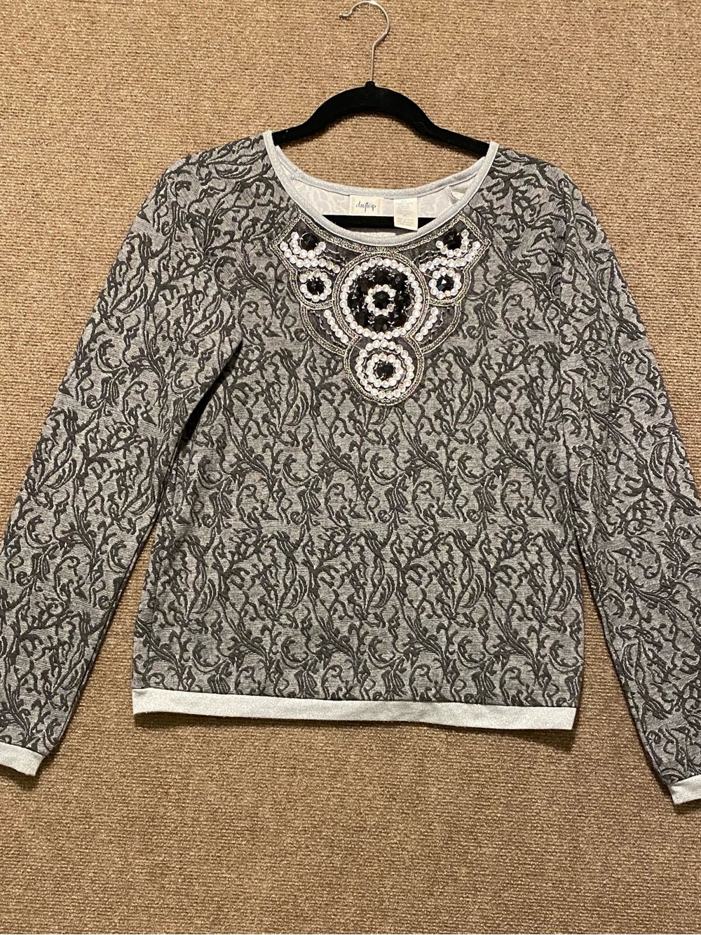Daytrip Embellished Neckline Damask Print Top Grey Beaded Size M